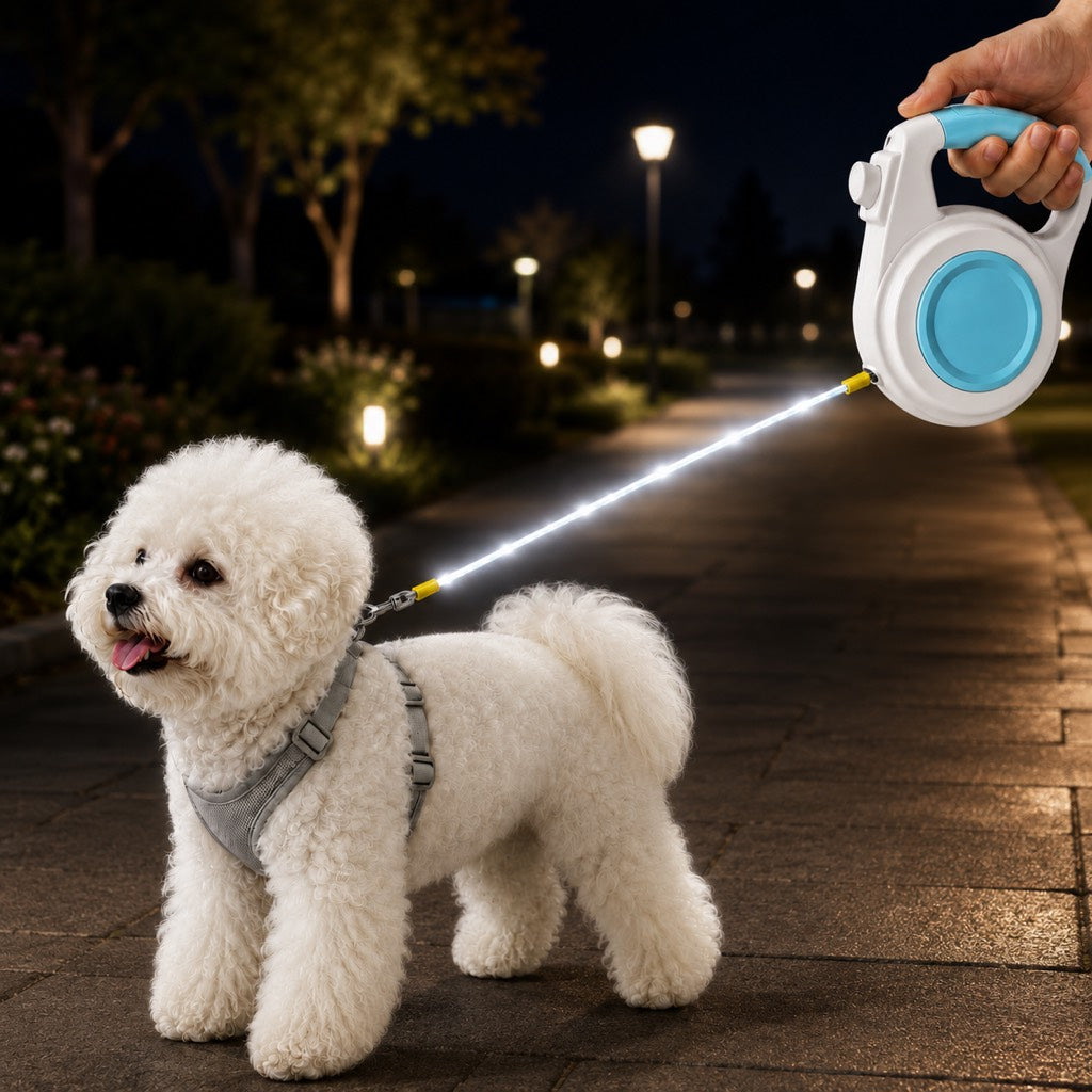 Boneroshop Rechargeable Light-Up Retractable Dog Leash for Night Walks - Helps Small Dogs Stay Visible & Easy to Control