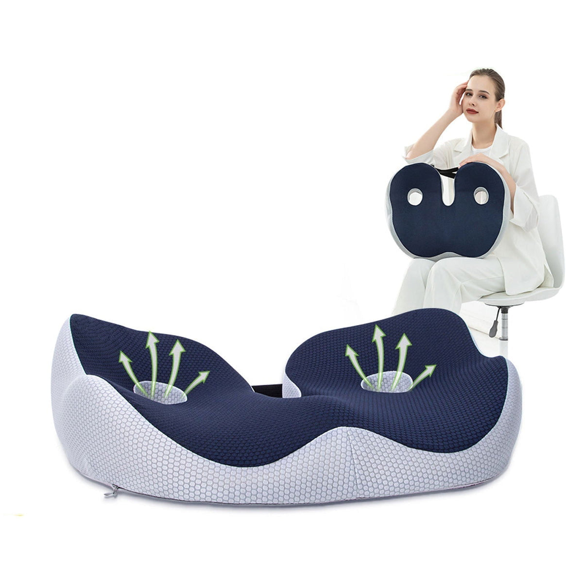 Memory foam seat cushion, ergonomic chair cushion with coccyx cut-out, washable cover and non-slip base, 43 x 36 x 8 cm