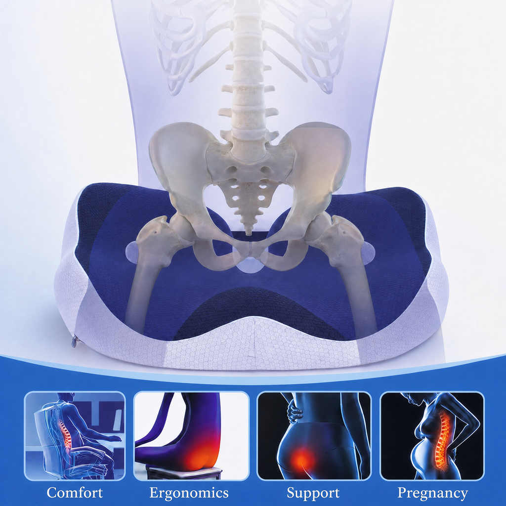 Memory foam seat cushion, ergonomic chair cushion with coccyx cut-out, washable cover and non-slip base, 43 x 36 x 8 cm