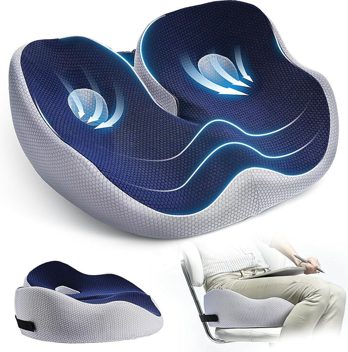Memory foam seat cushion, ergonomic chair cushion with coccyx cut-out, washable cover and non-slip base, 43 x 36 x 8 cm