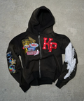 Men's zip up hoodie, streetwear hooded sweatshirt with washed effect, embroidered patches and full-length zip, 4 colours