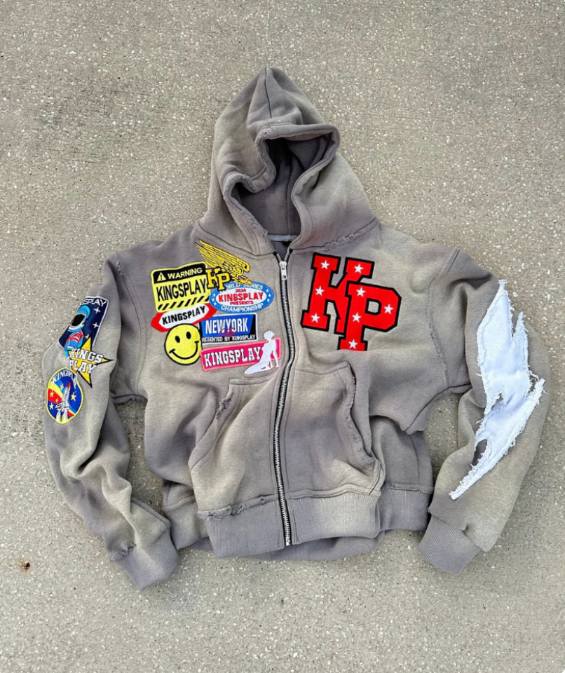 Men's zip up hoodie, streetwear hooded sweatshirt with washed effect, embroidered patches and full-length zip, 4 colours