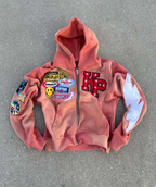 Men's zip up hoodie, streetwear hooded sweatshirt with washed effect, embroidered patches and full-length zip, 4 colours