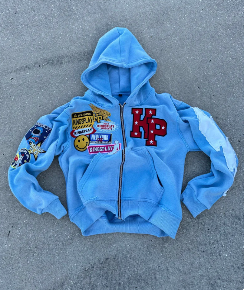 Men's zip up hoodie, streetwear hooded sweatshirt with washed effect, embroidered patches and full-length zip, 4 colours