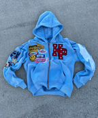 Men's zip up hoodie, streetwear hooded sweatshirt with washed effect, embroidered patches and full-length zip, 4 colours