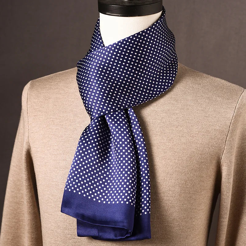 Men's 100% Mulberry Silk Scarf, Double Layer, Polka Dot Pattern, 160 cm