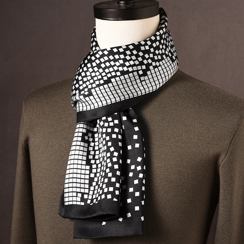 Men's 100% Mulberry Silk Scarf, Double Layer, Polka Dot Pattern, 160 cm