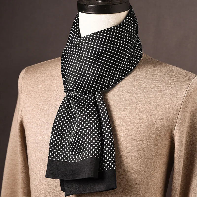 Men's 100% Mulberry Silk Scarf, Double Layer, Polka Dot Pattern, 160 cm