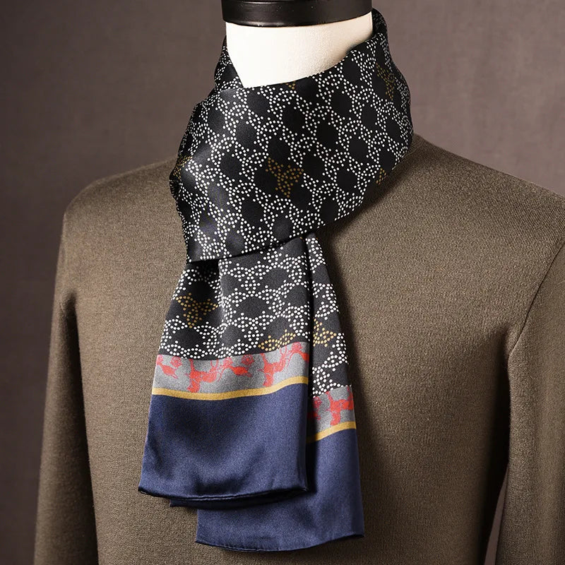 Men's 100% Mulberry Silk Scarf, Double Layer, Polka Dot Pattern, 160 cm