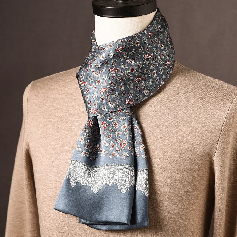 Men's 100% Mulberry Silk Scarf, Double Layer, Polka Dot Pattern, 160 cm