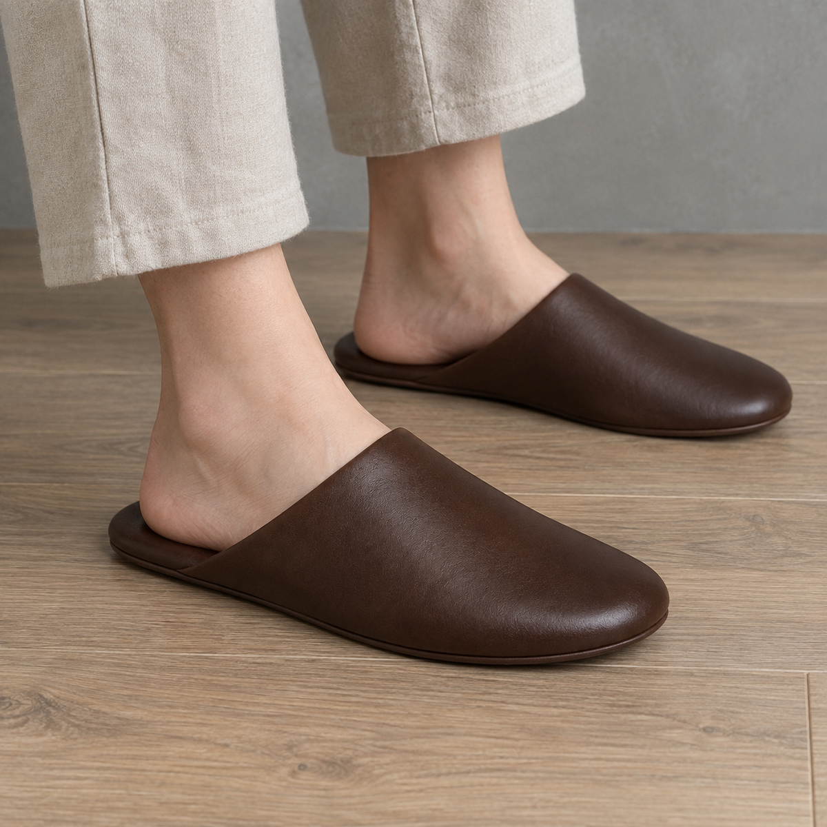 Men's dark brown slip-on slippers with firm sole