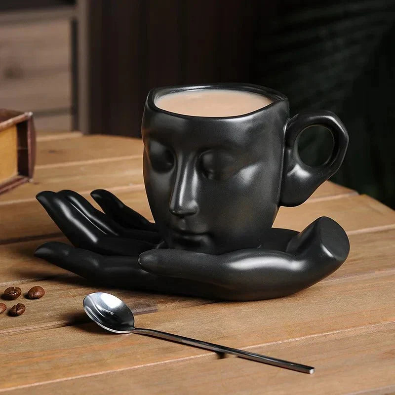 Minimalist Face-Shaped Coffee Cup Set with Tray and Spoon