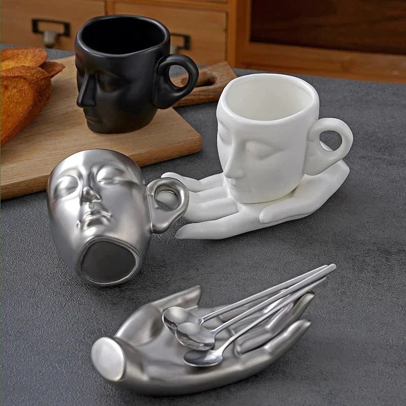 Minimalist Face-Shaped Coffee Cup Set with Tray and Spoon