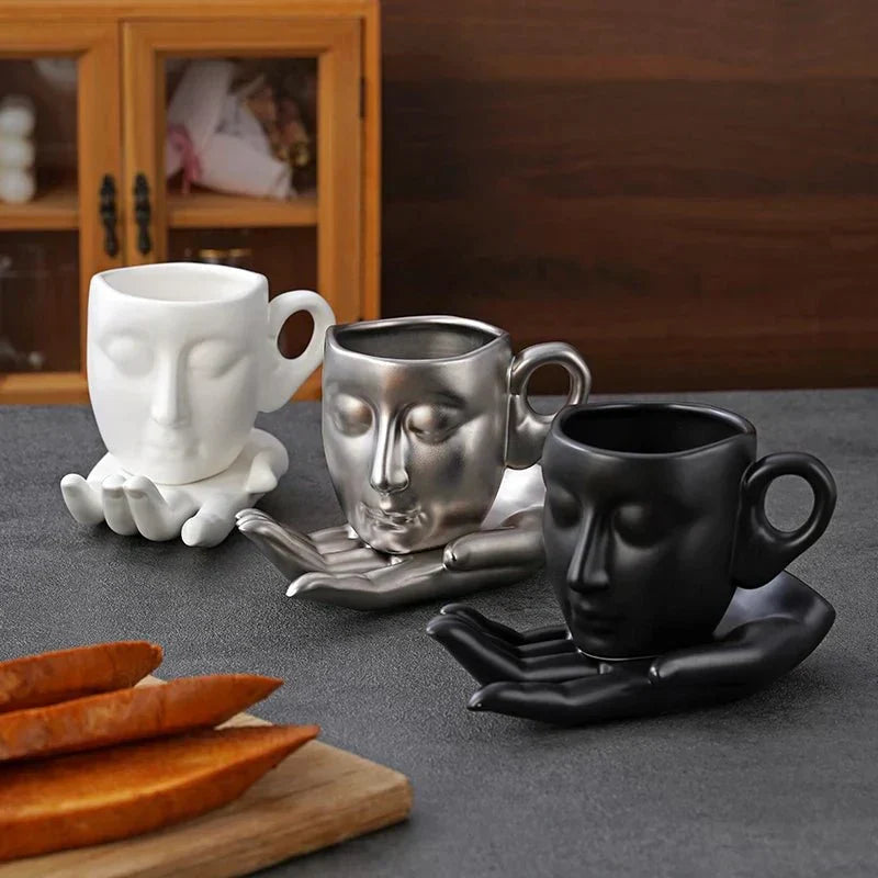 Minimalist Face-Shaped Coffee Cup Set with Tray and Spoon