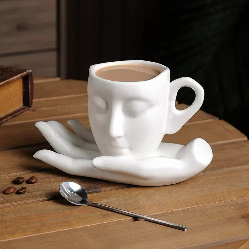 Minimalist Face-Shaped Coffee Cup Set with Tray and Spoon