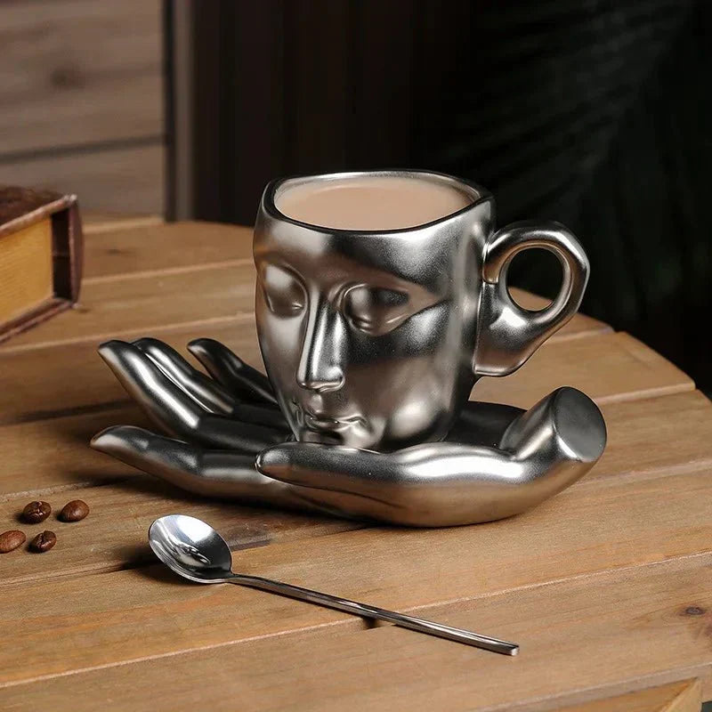 Minimalist Face-Shaped Coffee Cup Set with Tray and Spoon