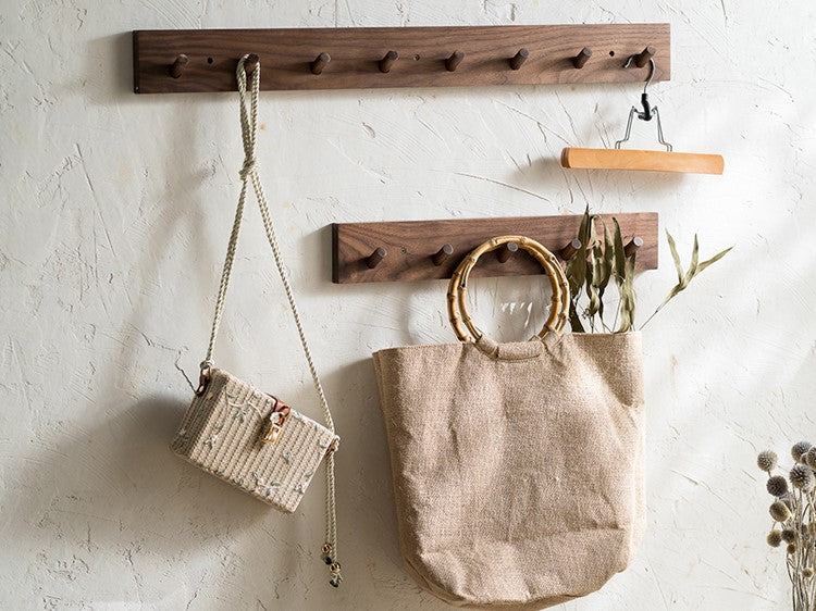 Minimalist Wooden Wall Coat Rack Handmade Solid Wood Peg Rail with Round Hooks for Entryway Hallway and Bedroom