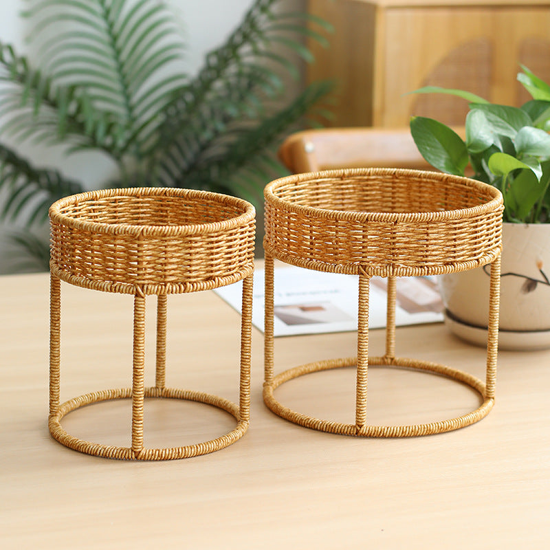 Modern Plant Stand with Woven Basket and Metal Frame