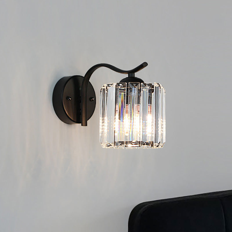 Modern Wall Light with Clear Crystal and Curved Black Arm