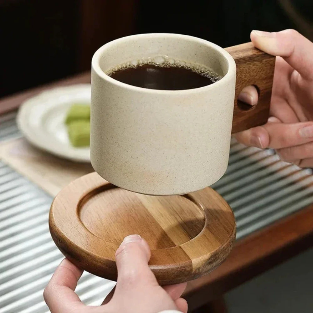 Modernist Ceramic Mug with Wooden Handle