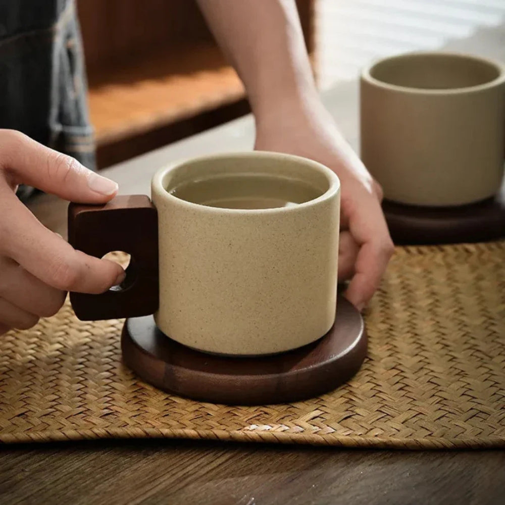 Modernist Ceramic Mug with Wooden Handle