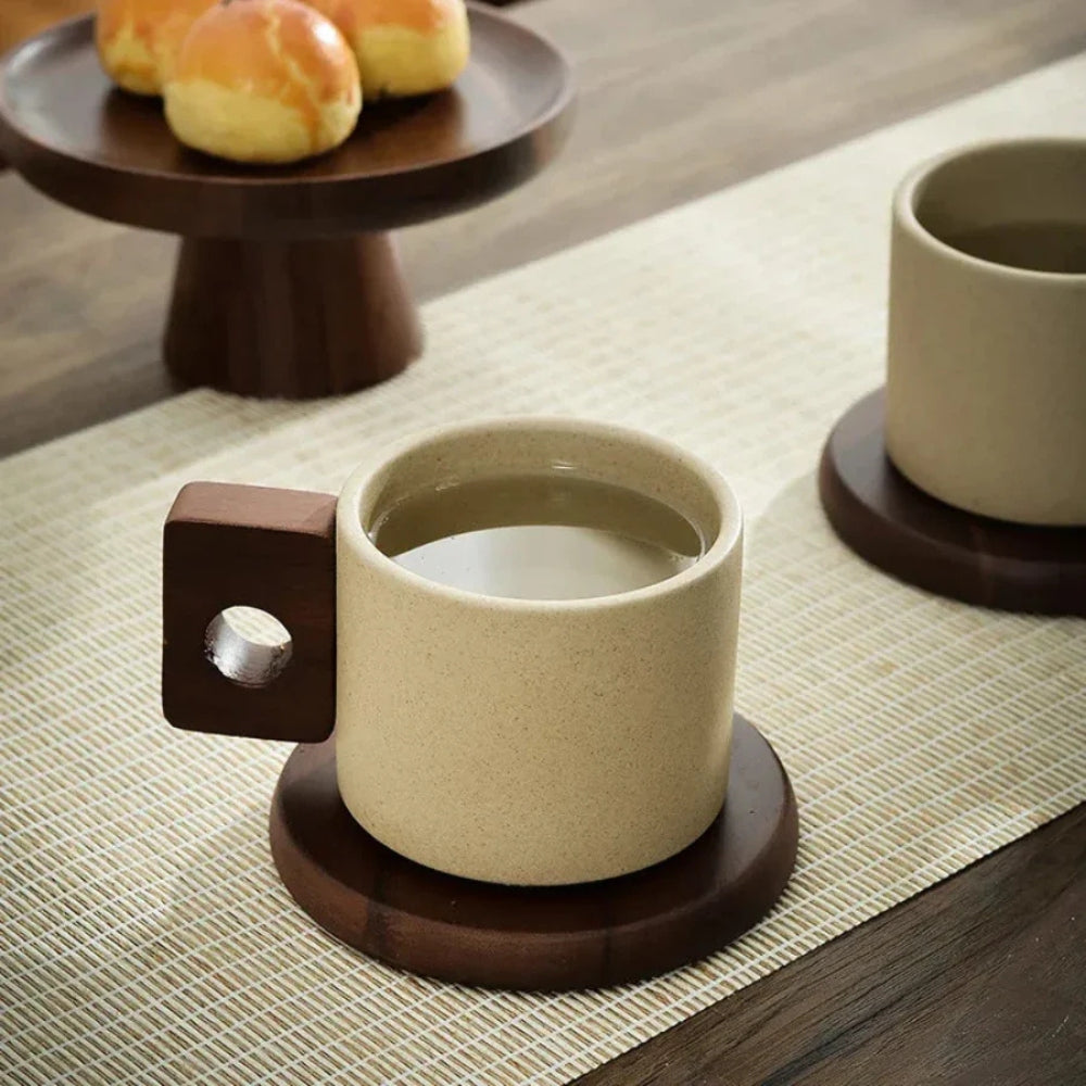 Modernist Ceramic Mug with Wooden Handle