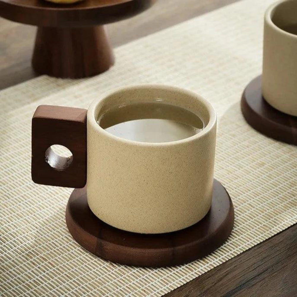 Modernist Ceramic Mug with Wooden Handle