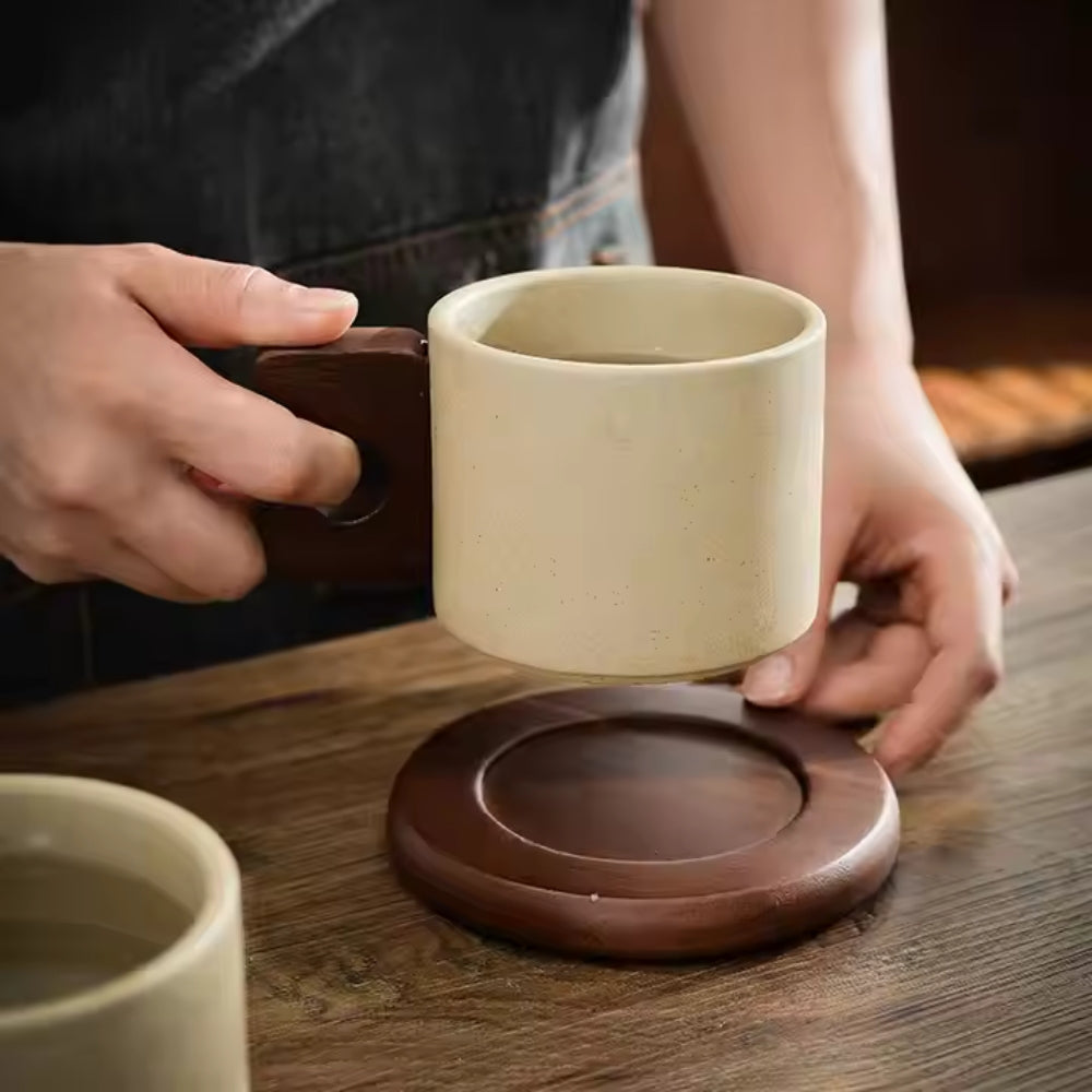 Modernist Ceramic Mug with Wooden Handle