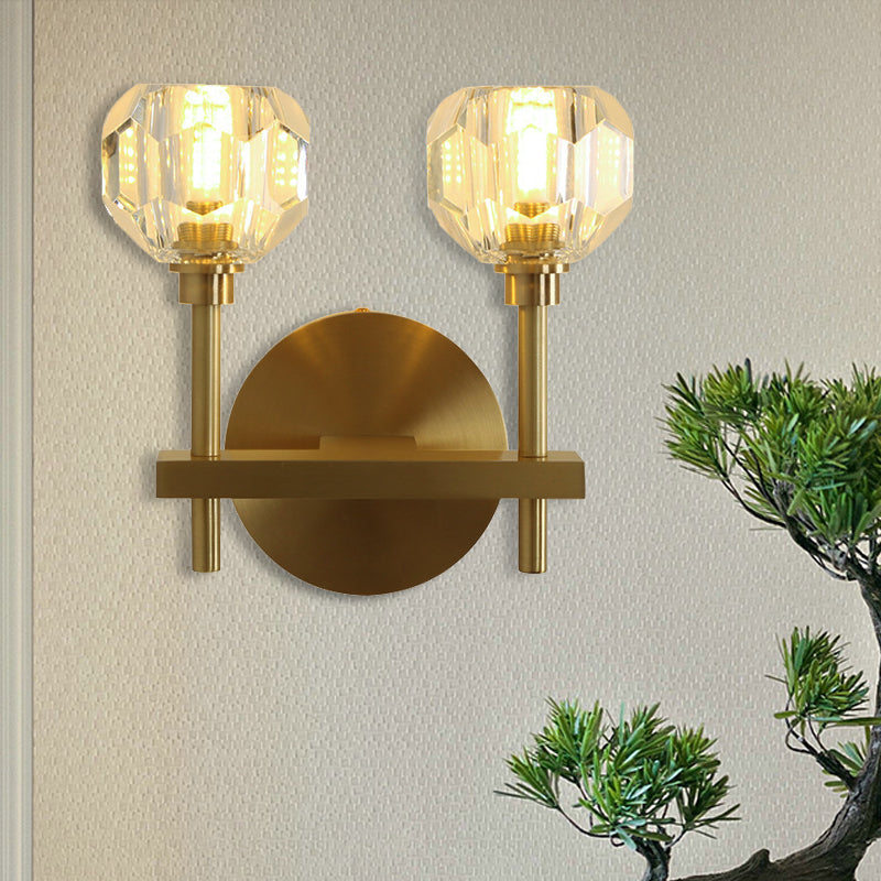 Modernist Dome Wall Light with Clear Crystal Shade in Brass Finish