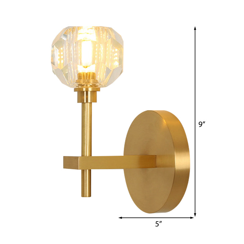 Modernist Dome Wall Light with Clear Crystal Shade in Brass Finish