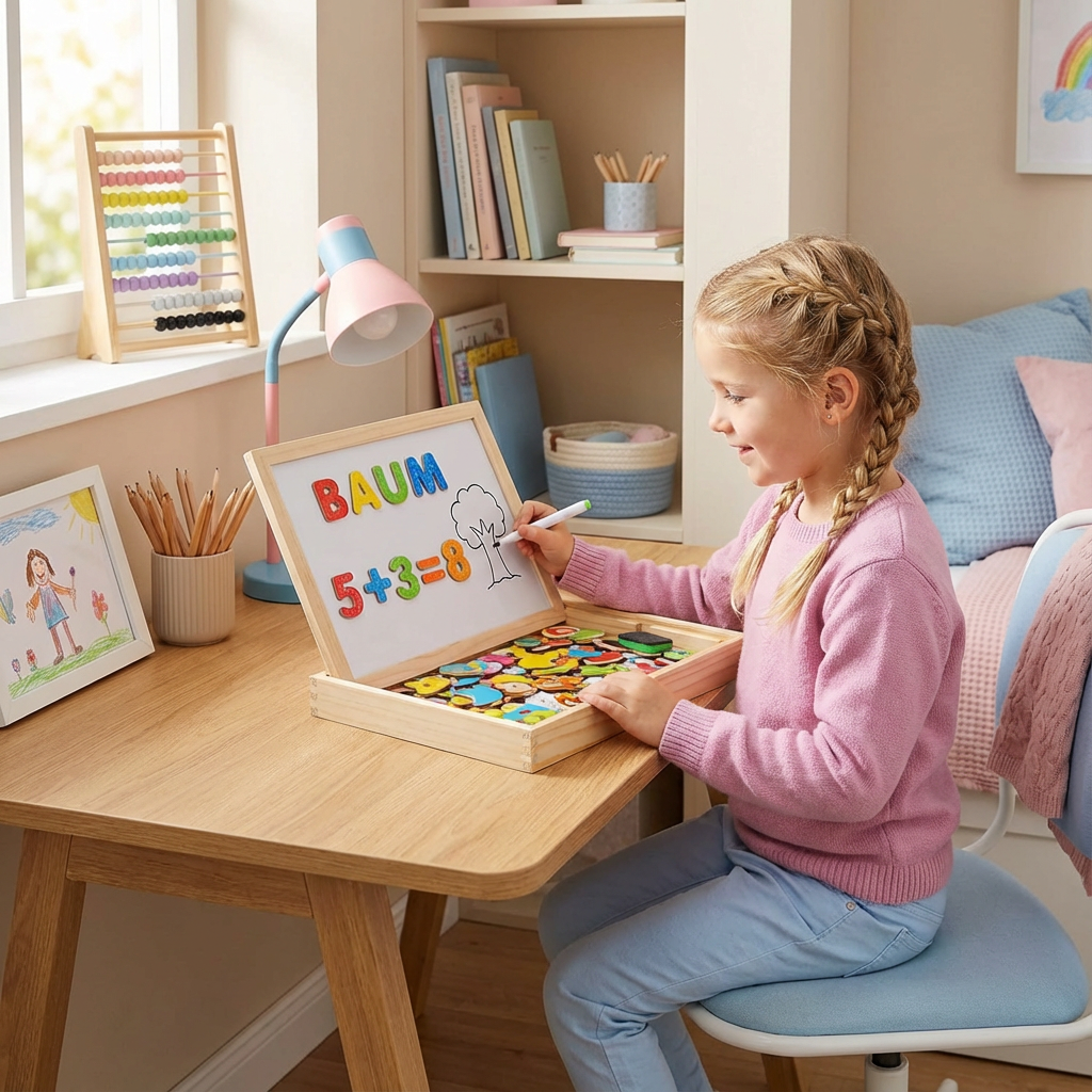 Montessori 2-in-1 Wooden Drawing Board | Magnetic side and writing side | Playful way to learn shapes, colours, and anim