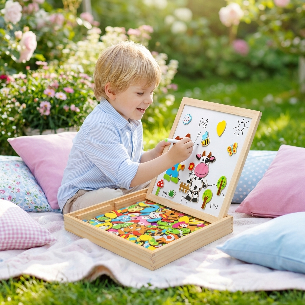 Montessori 2-in-1 Wooden Drawing Board | Magnetic side and writing side | Playful way to learn shapes, colours, and anim