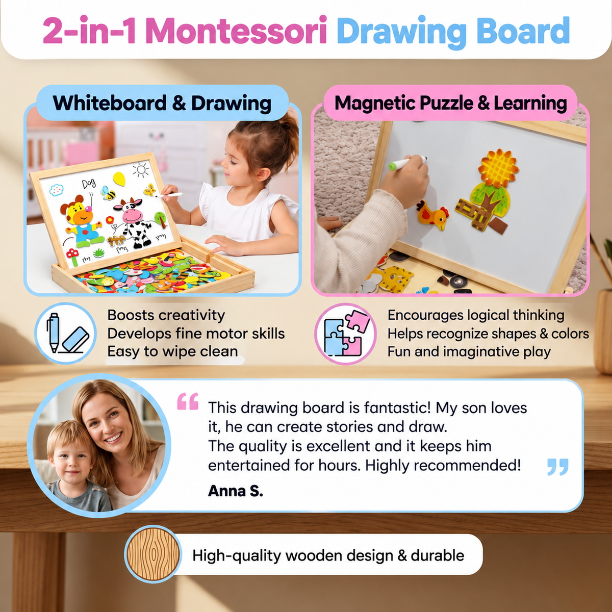 Montessori 2-in-1 Wooden Drawing Board | Magnetic side and writing side | Playful way to learn shapes, colours, and anim