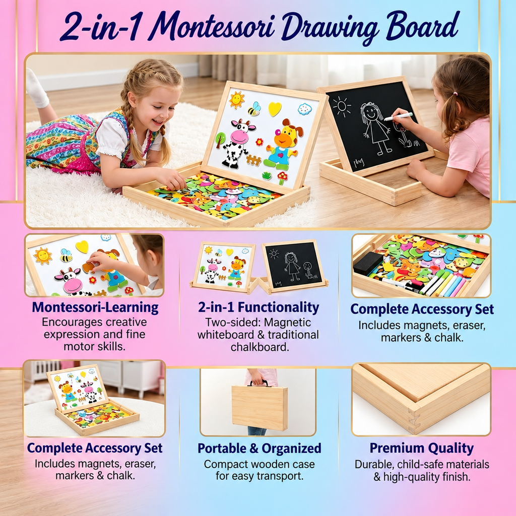 Montessori 2-in-1 Wooden Drawing Board | Magnetic side and writing side | Playful way to learn shapes, colours, and anim