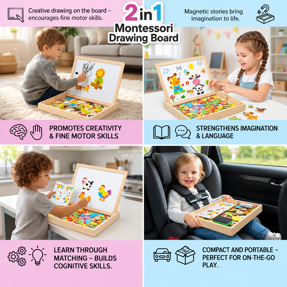 Montessori 2-in-1 Wooden Drawing Board | Magnetic side and writing side | Playful way to learn shapes, colours, and anim