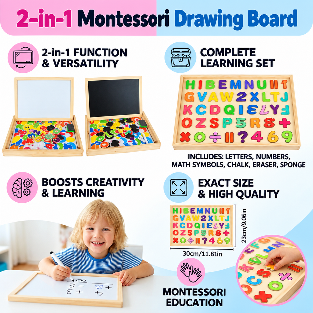 Montessori 2-in-1 Wooden Drawing Board | Magnetic side and writing side | Playful way to learn shapes, colours, and anim