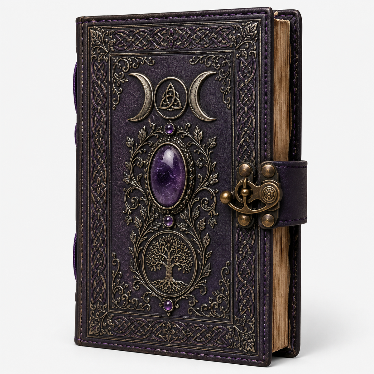 Mystical Triple Moon Notebook with Tree of Life and Decorative Amethyst