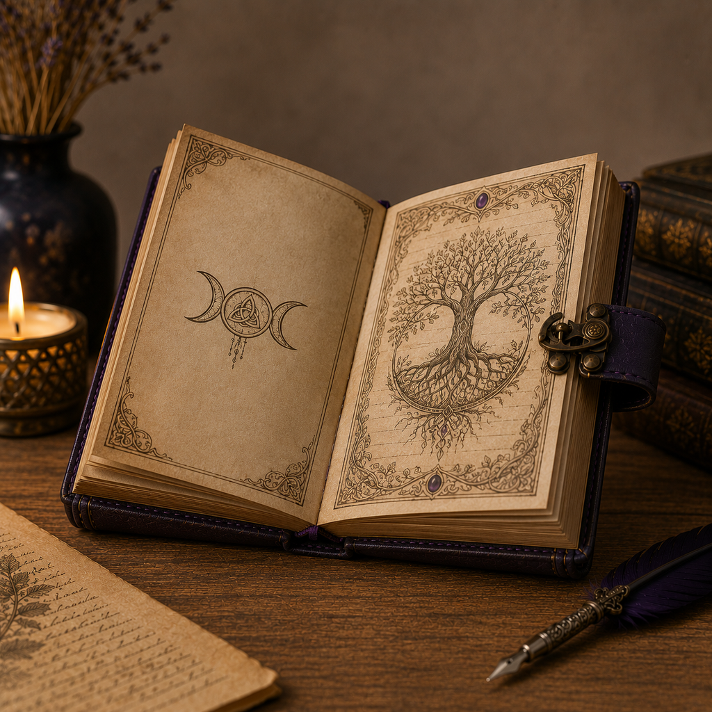 Mystical Triple Moon Notebook with Tree of Life and Decorative Amethyst