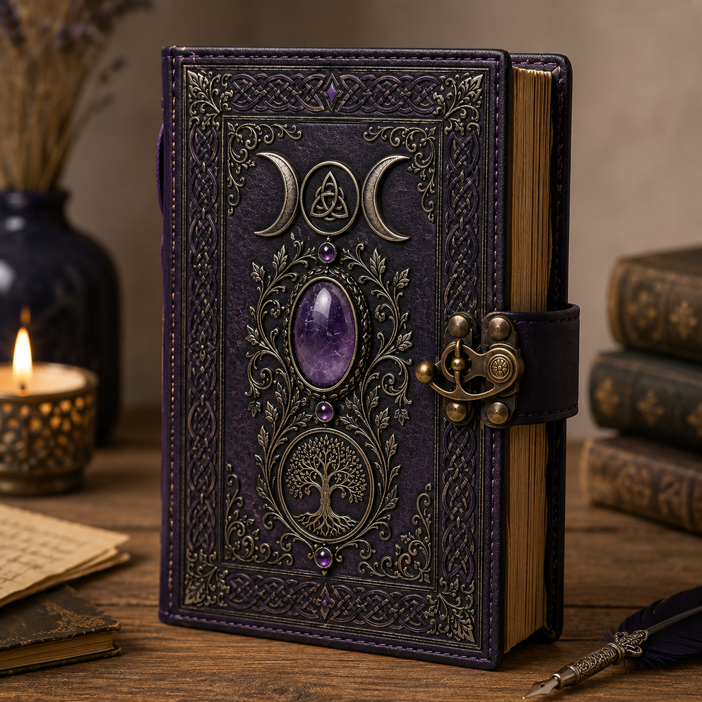 Mystical Triple Moon Notebook with Tree of Life and Decorative Amethyst