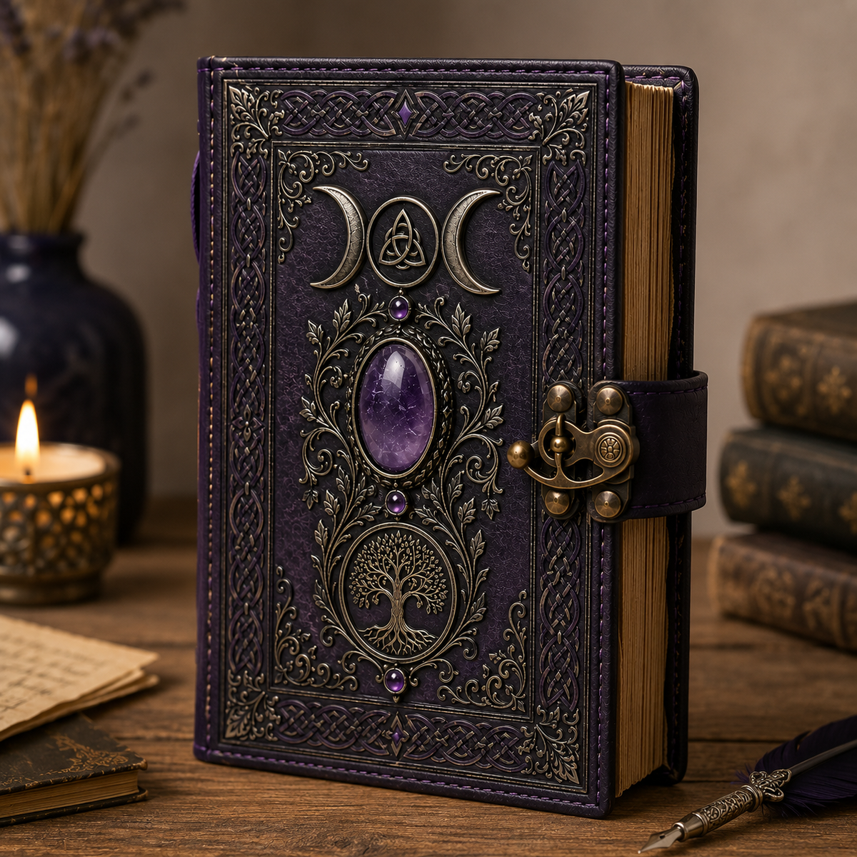Mystical Triple Moon Notebook with Tree of Life and Decorative Amethyst