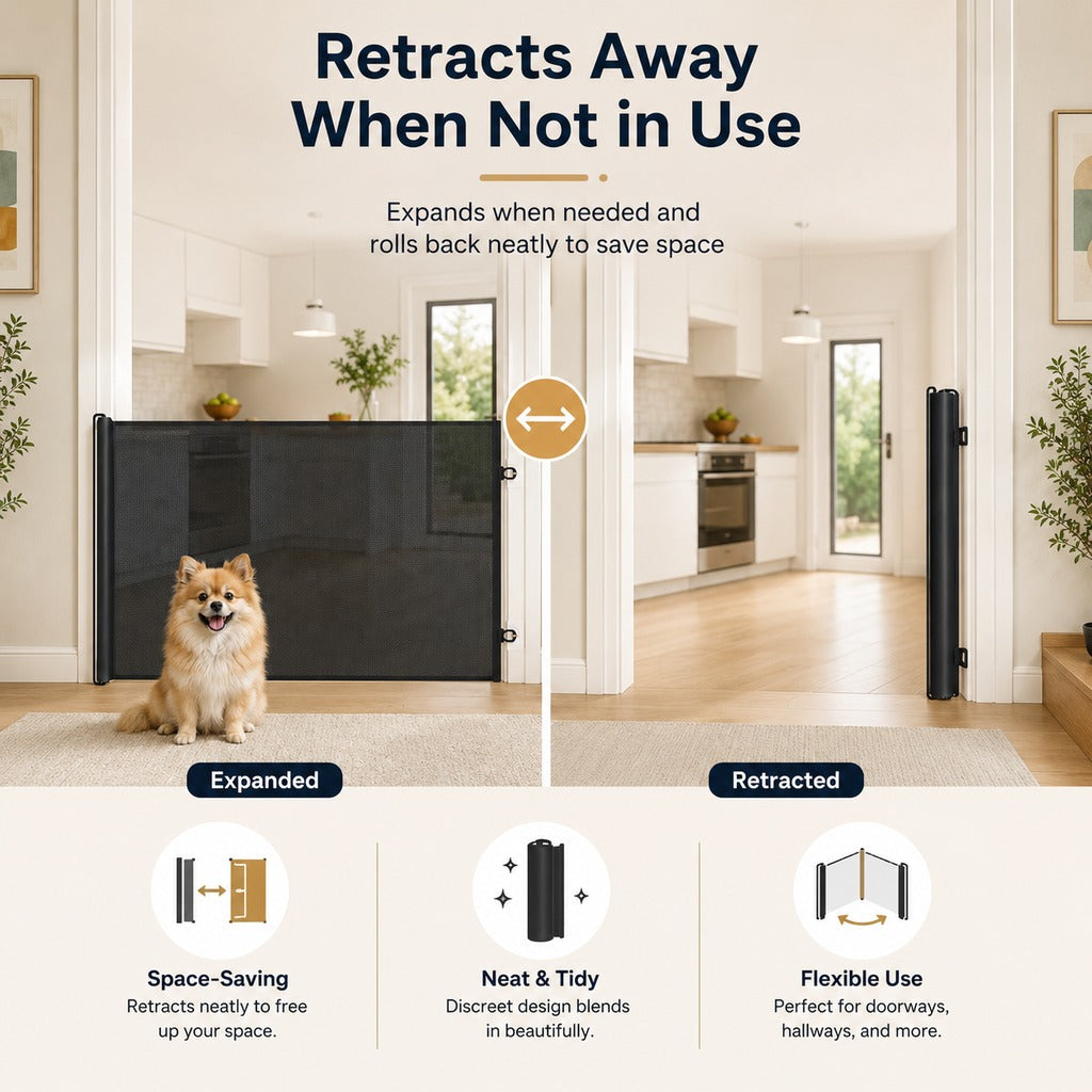 Boneroshop No-Drill Retractable Pet Gate for Doorways, Kitchens & Stairs - Keep Cats and Dogs Safely Out of Off-Limit Ar