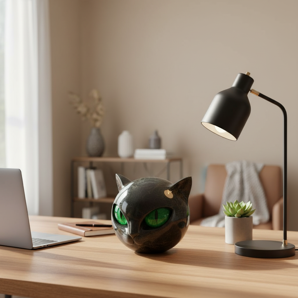 Boneroshop | NoirCat Sculpture – Black Cat Head with Hypnotic Eyes