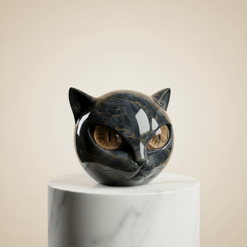 Boneroshop | NoirCat Sculpture – Black Cat Head with Hypnotic Eyes