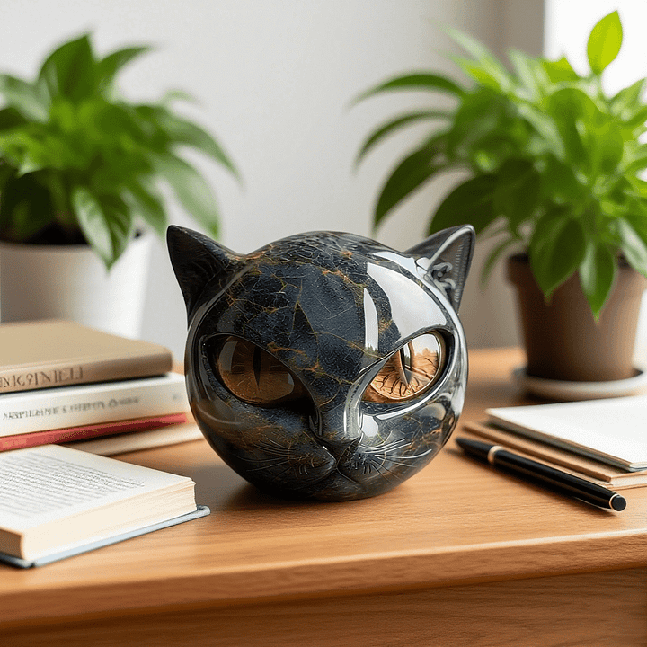 Boneroshop | NoirCat Sculpture – Black Cat Head with Hypnotic Eyes