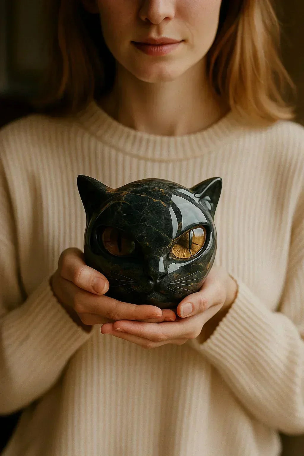 Boneroshop | NoirCat Sculpture – Black Cat Head with Hypnotic Eyes