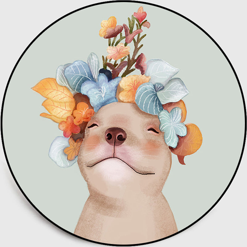 Pastel Nordic Dog Portrait Children's Room Rug – Round Polyester Non-Slip Washable Rug