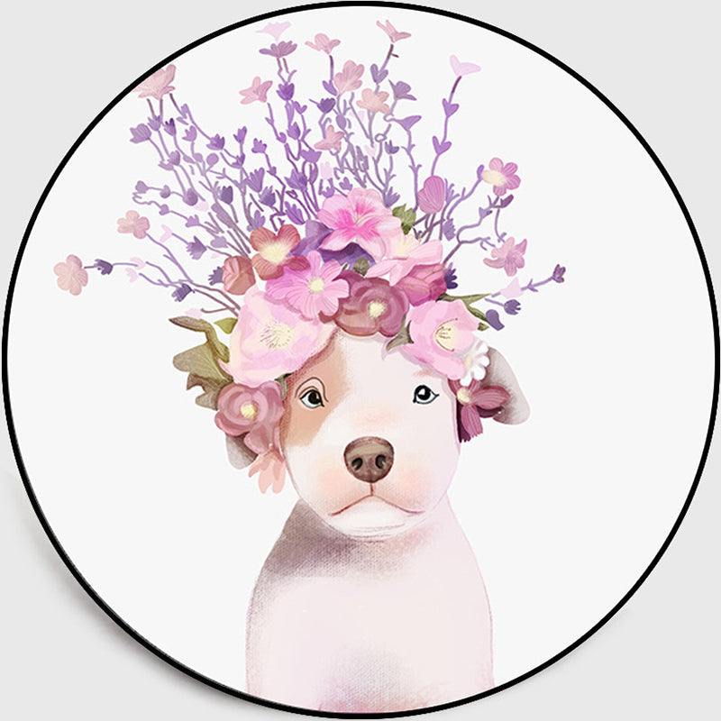 Pastel Nordic Dog Portrait Children's Room Rug – Round Polyester Non-Slip Washable Rug