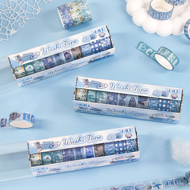 Patterned washi tape assortment gift set with nautical motifs and mixed-width craft masking rolls