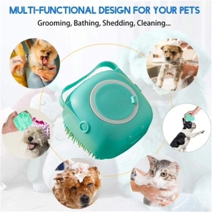 Pet Bath Brush with Shampoo Dispenser – Soft Silicone Massage Comb