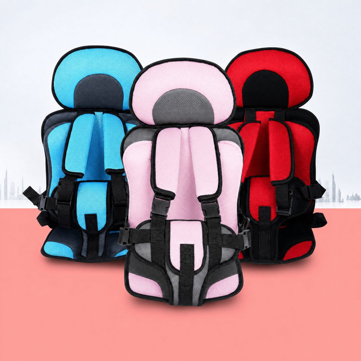 Portable car seat with five-point harness, breathable and adjustable